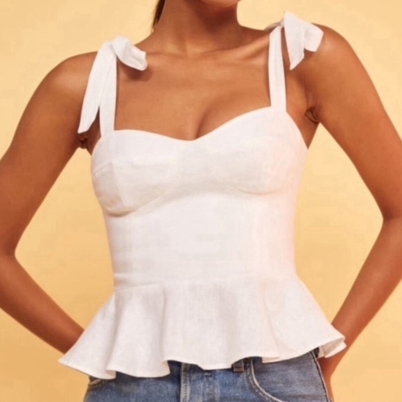 Reformation Tops - Reformation Kassi Linen Ruffle Tie Top White